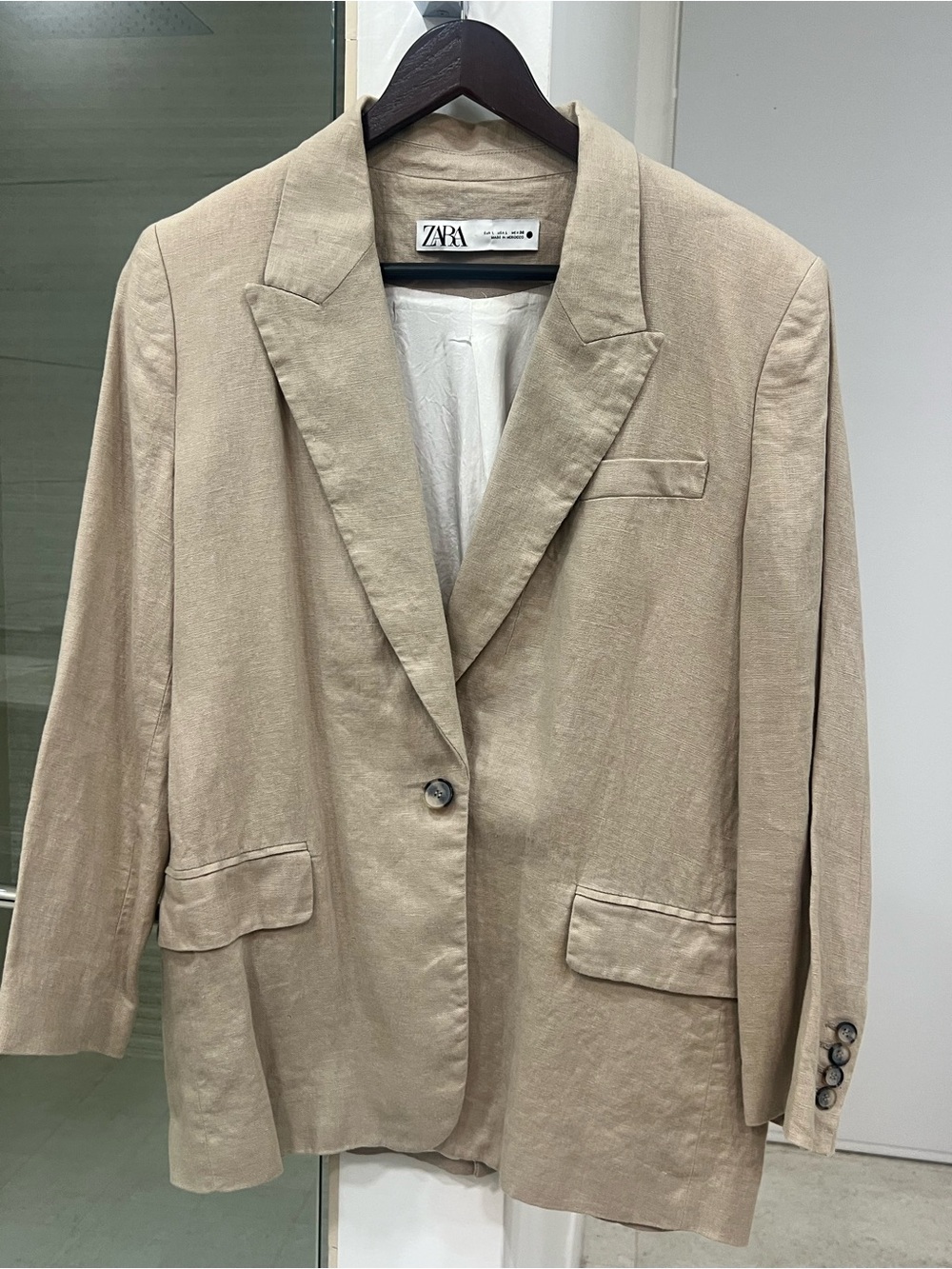 ZARA Light Beige Single-Button Linen-Blend Blazer